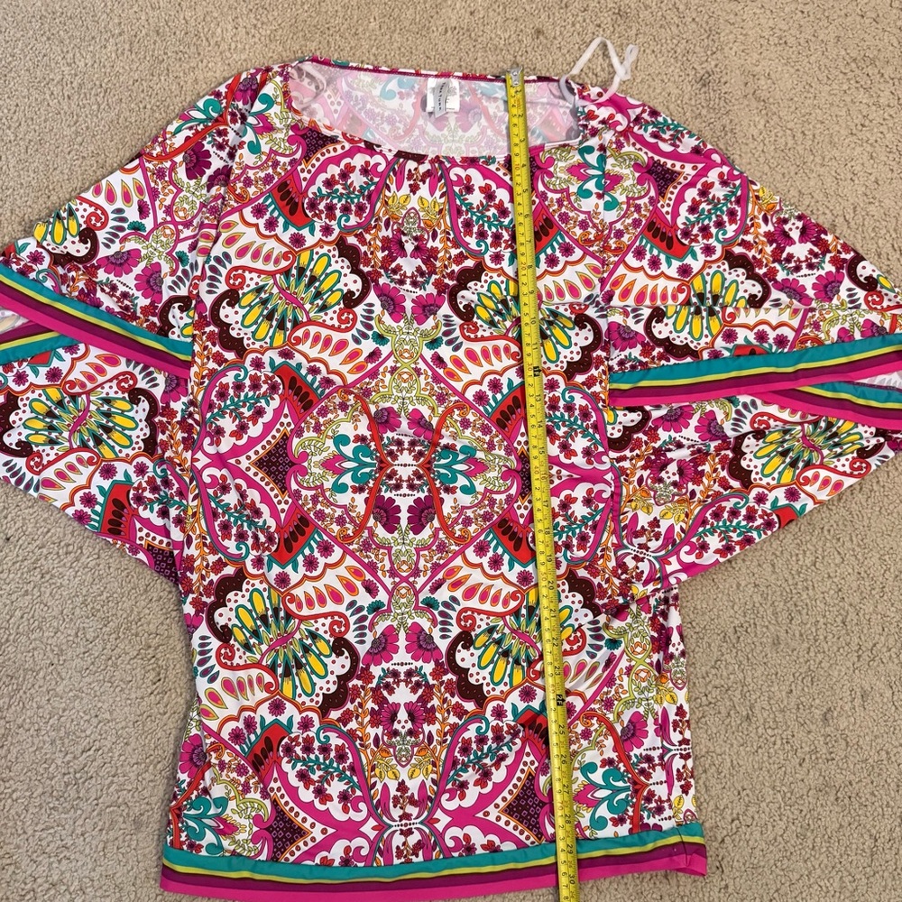 Trina Turk Blouse Medium Colorful Paisley Tunic Bell Sleeve Resort Top Boho - Picture 5 of 6
